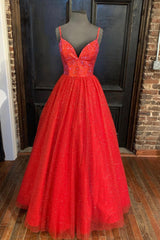 Beach Dress, Red Tulle Beading Long Prom Dresses, A-Line Evening Party Dresses