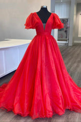 Bridesmaid Dresses Different Styles, Red Organza Long A-Line Prom Dress, Beautiful V-Neck Evening Dress