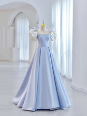 Bridesmaid Dresses Color, Blue Short Sleeve Saitn Formal Evening Dress, Cute A-Line Junior Prom Dress