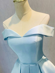 Prom Dresses Sage Green, Simple Short Light Blue Satin Party Dress, Blue A-Line Off the Shoulder Evening Dress