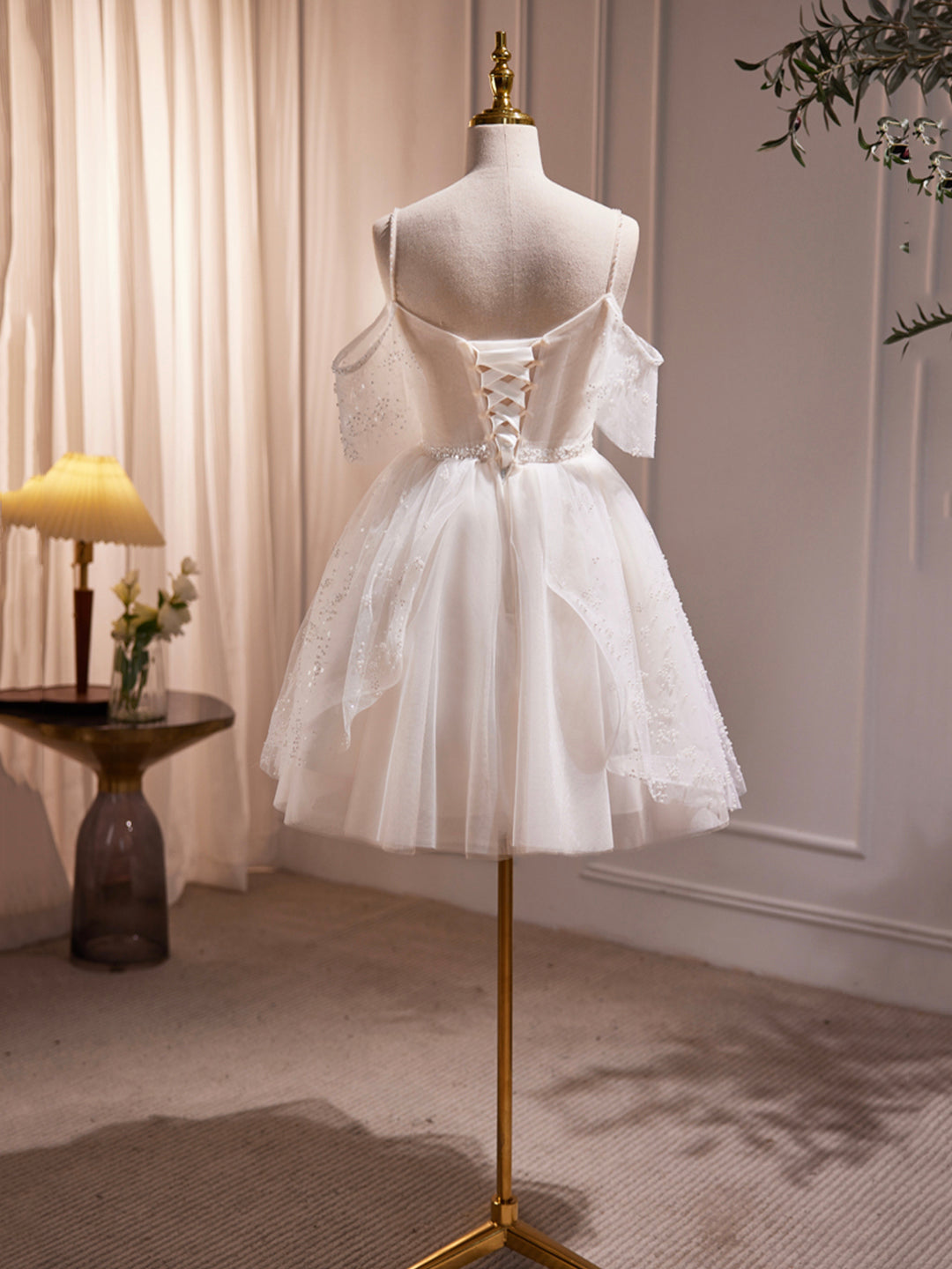 Party Dress New, Ivory V-Neck Beaded Straps Party Dress, Ivory Knee Length Prom Dress