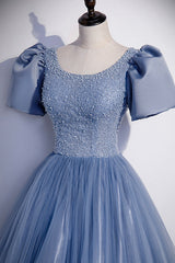 Formal Dress, Blue Tulle Beading Long Prom Dresses, A-Line Short Sleeve Evening Dresses