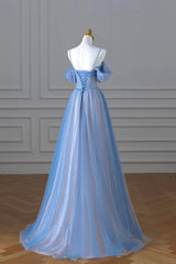 Bridesmaid Dress Long, Blue Spaghetti Strap Tulle Floor Length Prom Dress, A-Line Evening Dress