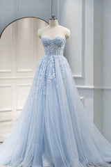 Vintage Dress, Blue Sweetheart Neck Lace Floor Length Prom Dress, Lovely Blue Evening Dress