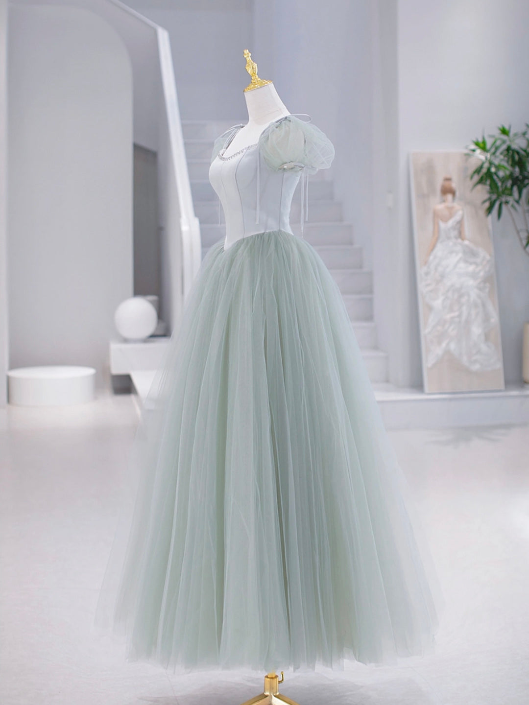 Elegant Dress Classy, Green Tulle Floor Length Prom Dress, Green Short Sleeve Evening Party Dress