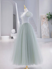 Elegant Dress Classy, Green Tulle Floor Length Prom Dress, Green Short Sleeve Evening Party Dress