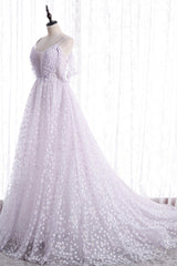 Party Dress Short, Lovely V-Neck Floral Tulle Long Prom Dress, Lavender A Line Evening Party Dress