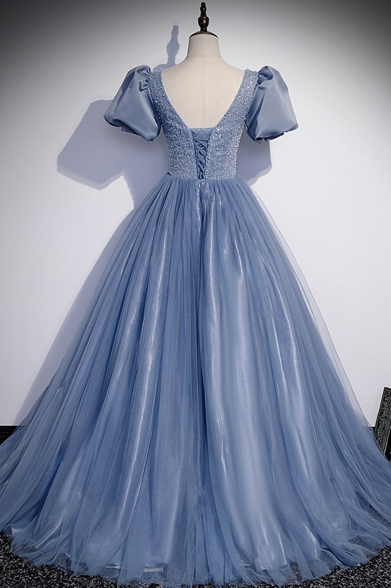 Prom, Blue Tulle Beading Long Prom Dresses, A-Line Short Sleeve Evening Dresses