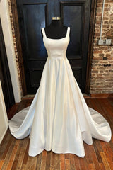 Prom Dresses For Warm Weather, White Satin Long Prom Dresses, A-Line Evening Dresses