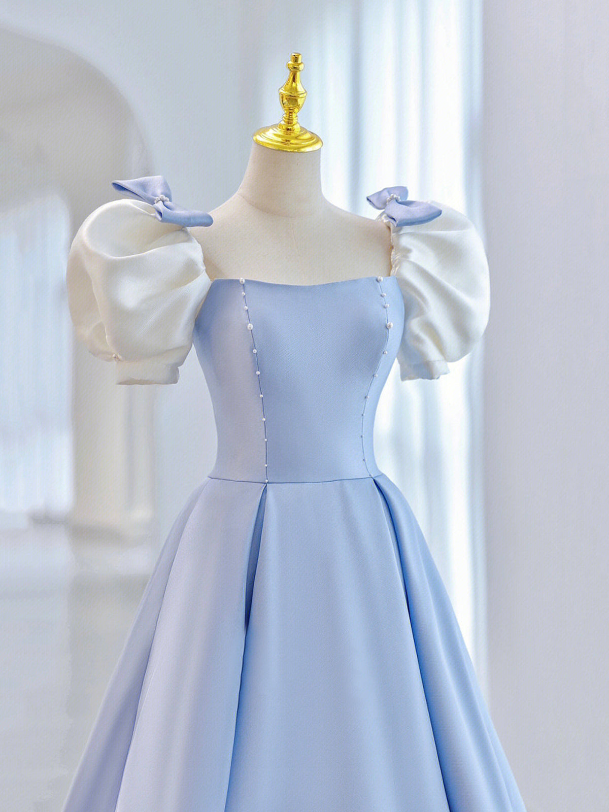 Bridesmaid Dresses Colorful, Blue Short Sleeve Saitn Formal Evening Dress, Cute A-Line Junior Prom Dress