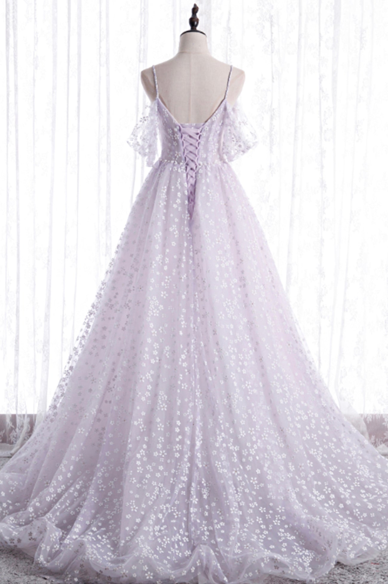 Party Dress Fashion, Lovely V-Neck Floral Tulle Long Prom Dress, Lavender A Line Evening Party Dress