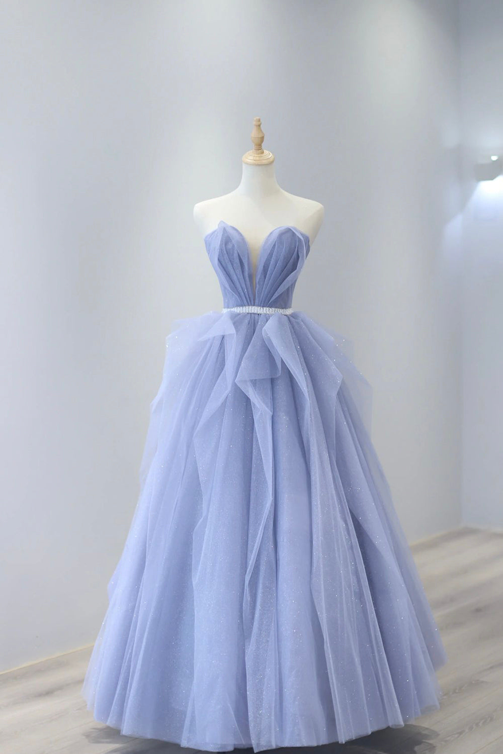 Prom Dresses Champagne, Blue Tulle Strapless Long Prom Dress, A-Line Blue Evening Dress