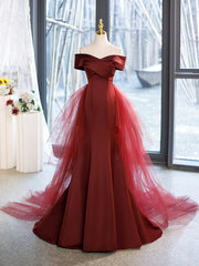 Bridesmaid Dresses Chicago, Mermaid V-Neck Satin Long Prom Dress,  Burgundy Off Shoulder Evening Dress with Bow