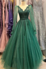 Party Dress Europe, Green V-Neck Tulle Long Prom Dresses, A-Line Long Sleeve Evening Dresses