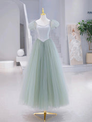 Party Dresses Jumpsuits, Green Tulle Floor Length Prom Dress, Green Short Sleeve Evening Party Dress