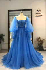 Prom Dresses Long With Slit, Blue Tulle Long Prom Dresses, A-Line Long Sleeve Evening Dresses