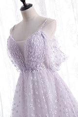 Party Dress Wedding, Lovely V-Neck Floral Tulle Long Prom Dress, Lavender A Line Evening Party Dress