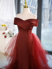 Party Dress Outfits, Mermaid V-Neck Satin Long Prom Dress,  Burgundy Off Shoulder Evening Dress with Bow