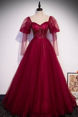 Prom Dress Shop, Burgundy Tulle Beading Long Prom Dresses, A-Line Formal Evening Dresses