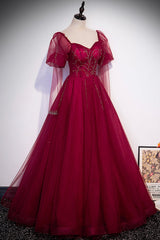 Prom Dress Prom Dress, Burgundy Tulle Beading Long Prom Dresses, A-Line Formal Evening Dresses