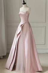 Winter Wedding, Pink Strapless Satin Floor Length Prom Dress, A-Line Formal Evening Dress