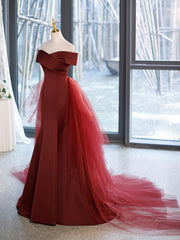 Party Dresses Cheap, Mermaid V-Neck Satin Long Prom Dress,  Burgundy Off Shoulder Evening Dress with Bow