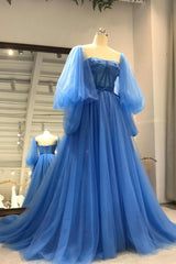 Prom Dress Pink, Blue Tulle Long Prom Dresses, A-Line Long Sleeve Evening Dresses