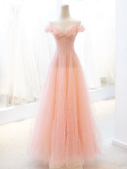 Bridesmaid Dress Styles Long, Pink Tulle Sequins Long Prom Dress, A-Line Lovely Evening Party Dress