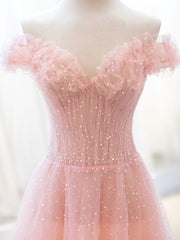 Bridesmaid Dress Style Long, Pink Tulle Sequins Long Prom Dress, A-Line Lovely Evening Party Dress