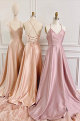 Prom Dress Yellow, Simple V-Neck Satin Long Prom Dress, A-Line Backless Evening Dress