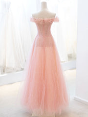 Bridesmaids Dress Beach, Pink Tulle Sequins Long Prom Dress, A-Line Lovely Evening Party Dress