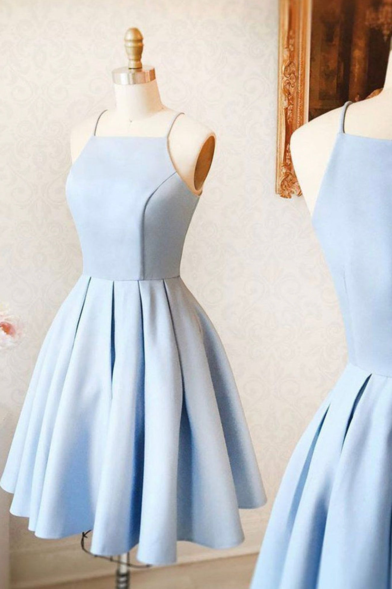 Bridesmaid Dress Sale, Blue Satin Short Prom Dresses, A-Line Evening Dresses