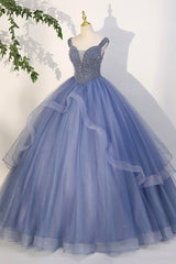 Bridesmaids Dresses For Beach Wedding, Blue Beaded Tulle Long A-Line Prom Dress, Blue Formal Evening Dress