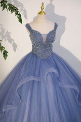 Bridesmaid Dresses Styles Long, Blue Beaded Tulle Long A-Line Prom Dress, Blue Formal Evening Dress