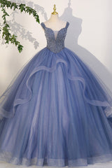 Bridesmaids Dress Styles Long, Blue Beaded Tulle Long A-Line Prom Dress, Blue Formal Evening Dress