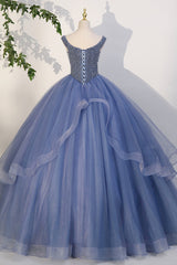 Bridesmaid Dress Styles Long, Blue Beaded Tulle Long A-Line Prom Dress, Blue Formal Evening Dress