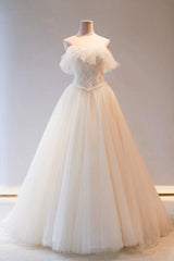 Evening Dresses Stores, Champange Tulle Long Prom Dress, A-Line Evening Dress