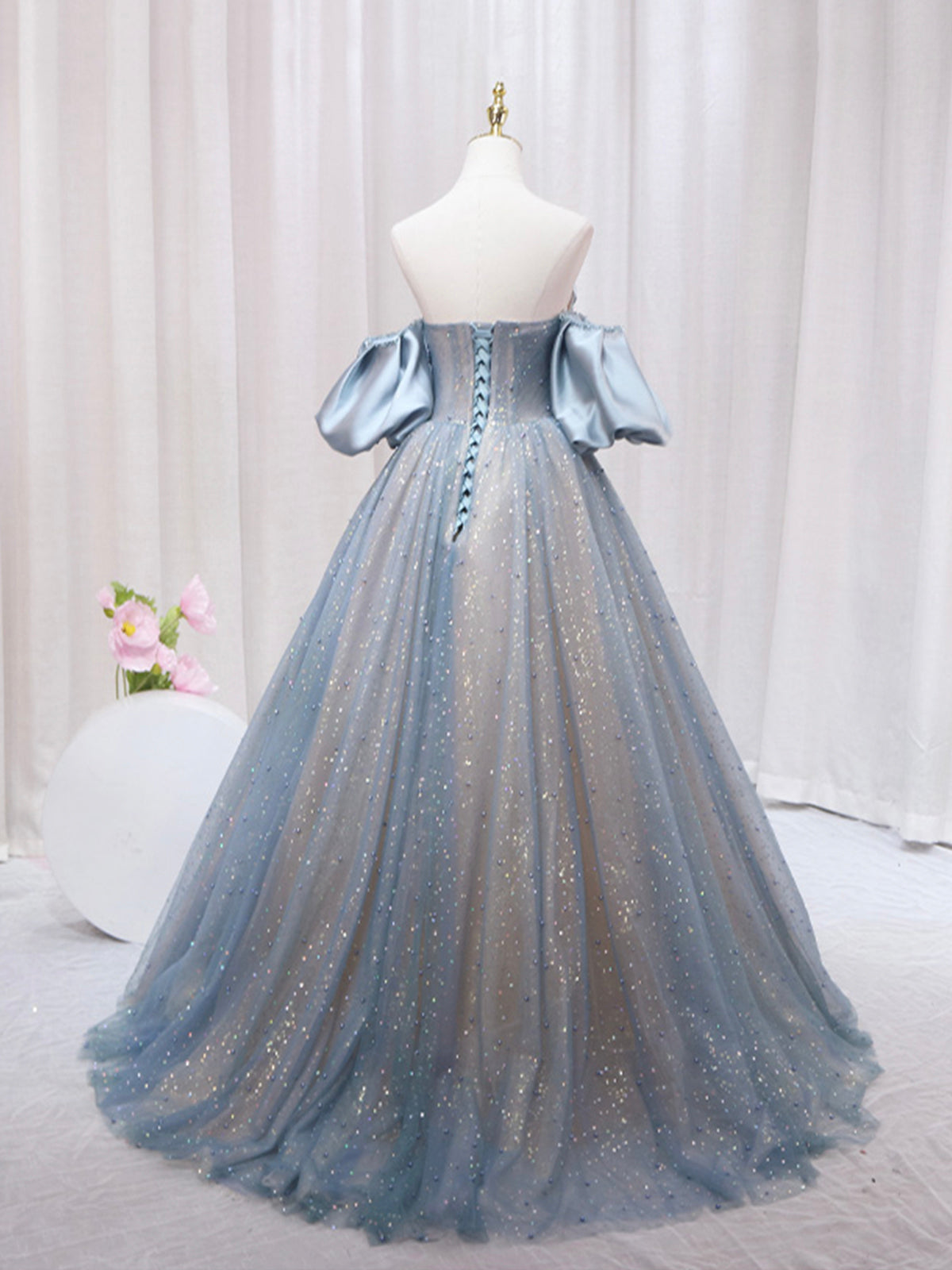 Bridesmaids Dresses Fall Colors, Blue Puff Sleeve Long A-Line Prom Dress, Off the Shoulder Formal Evening Dress