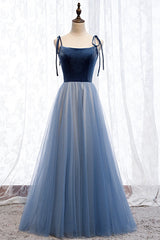 Prom Dressed A Line, Blue Velvet Tulle Long Prom Dresses, A-Line Evening Dresses