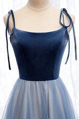 Prom Dress Different, Blue Velvet Tulle Long Prom Dresses, A-Line Evening Dresses