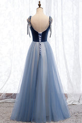 Prom Dress 2037, Blue Velvet Tulle Long Prom Dresses, A-Line Evening Dresses