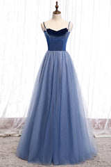 Prom Dresses Princesses, Blue Velvet Tulle Long Prom Dresses, Blue A-Line Evening Dresses