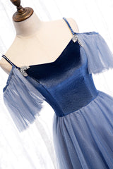 Prom Dresses Open Back, Blue Velvet Tulle Long Prom Dresses, Blue A-Line Evening Dresses