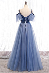 Prom Dresses2032, Blue Velvet Tulle Long Prom Dresses, Blue A-Line Evening Dresses