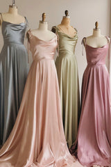 Prom Dressed Two Piece, Simple Satin Long Prom Dresses, A-Line Spaghetti Straps Party Dresses