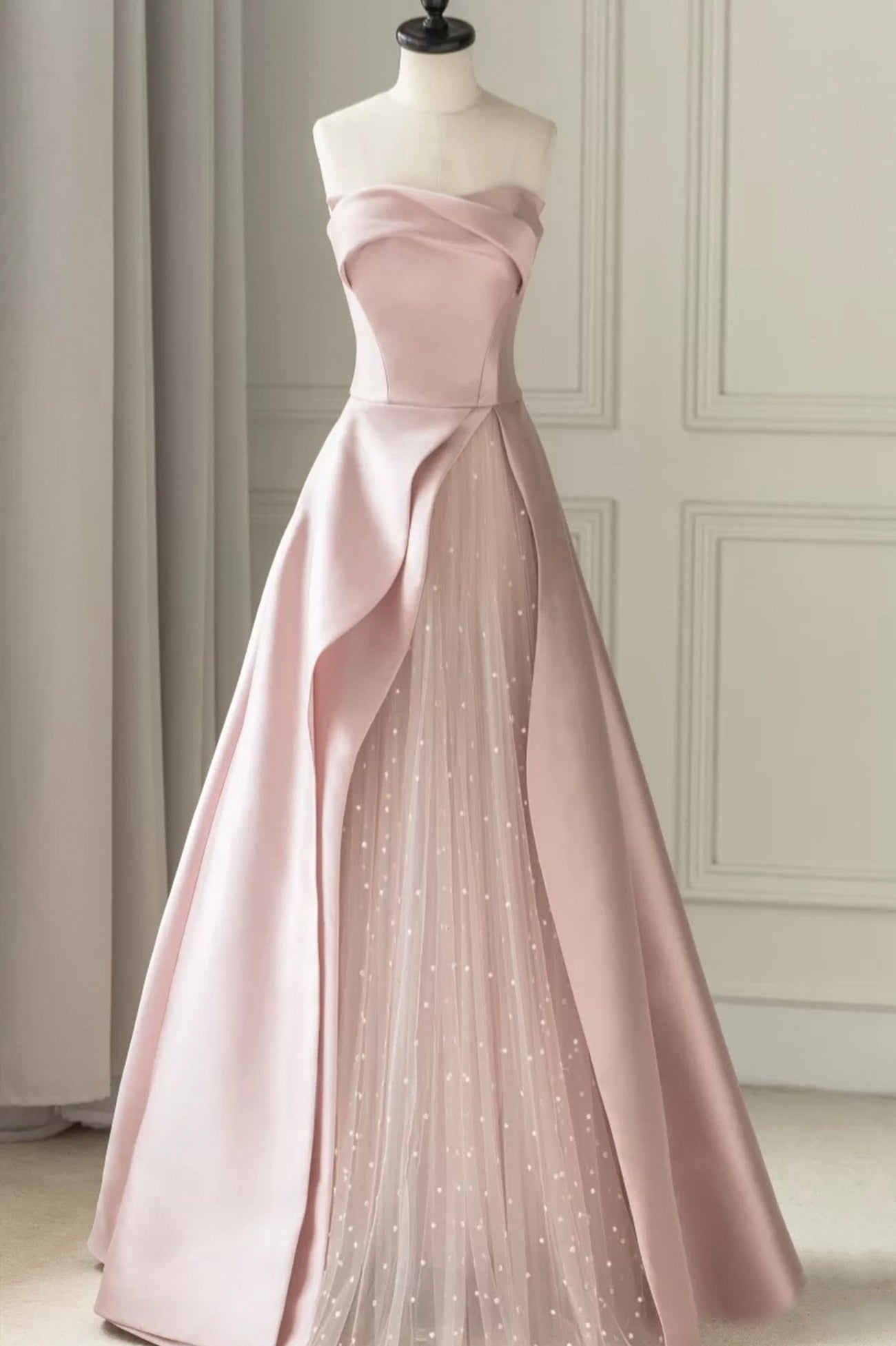 Wedding Color Schemes, Pink Strapless Satin Floor Length Prom Dress, A-Line Formal Evening Dress