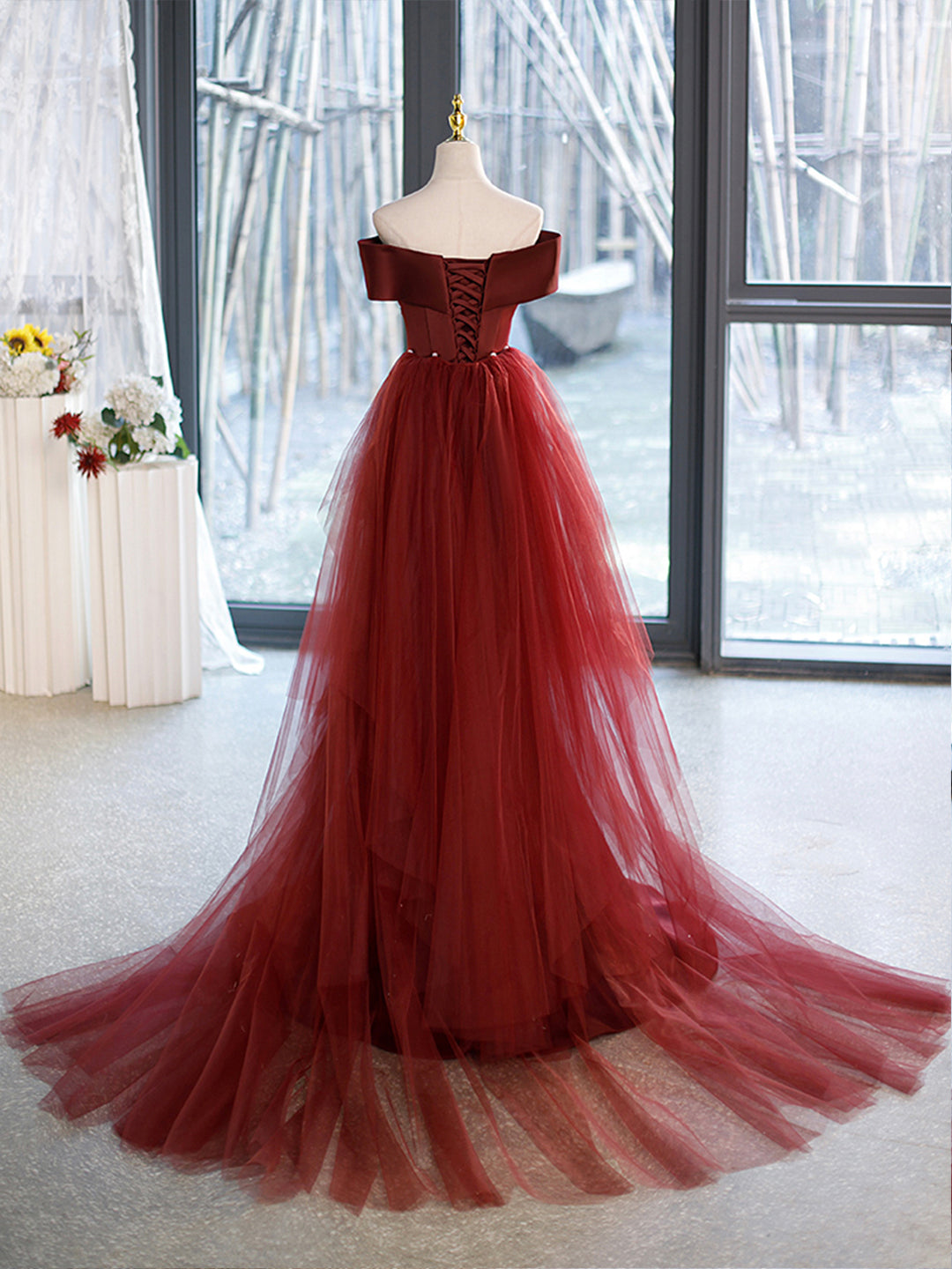 Party Dress Idea, Mermaid V-Neck Satin Long Prom Dress,  Burgundy Off Shoulder Evening Dress with Bow