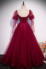 Prom Dress Under 213, Burgundy Tulle Beading Long Prom Dresses, A-Line Formal Evening Dresses