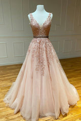 Bridesmaid Dresses In Store, Pink V-Neck Lace Long Prom Dresses, A-Line Tulle Graduation Dresses