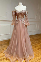 Party Dresses And Tops, A-Line Tulle Lace Long Prom Dresses, Off the Shoulder Lace Formal Dresses